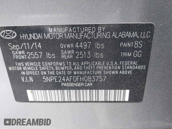2015 Hyundai Sonata SE with VIN 5NPE24AF0FH083757, listed as a IAAI auction lot 42104496 with 138,700 mi miles and . Bid and sale history available at DreamBid. Image 9.