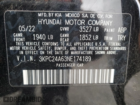 2022 Hyundai Accent SE with VIN 3KPC24A63NE174189, listed as a Copart auction lot 53301405 with 78,844 mi miles and Clean Title. Bid and sale history available at carsss.com. Image 12.