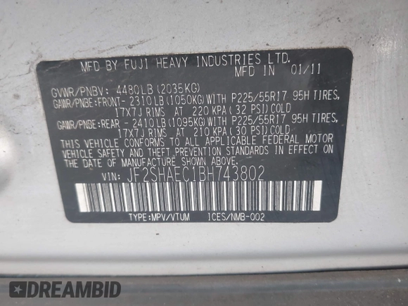 2011 Subaru Forester X Limited with VIN JF2SHAEC1BH743802, listed as a IAAI auction lot 42732906 with 150,713 mi miles and . Bid and sale history available at DreamBid. Image 9.