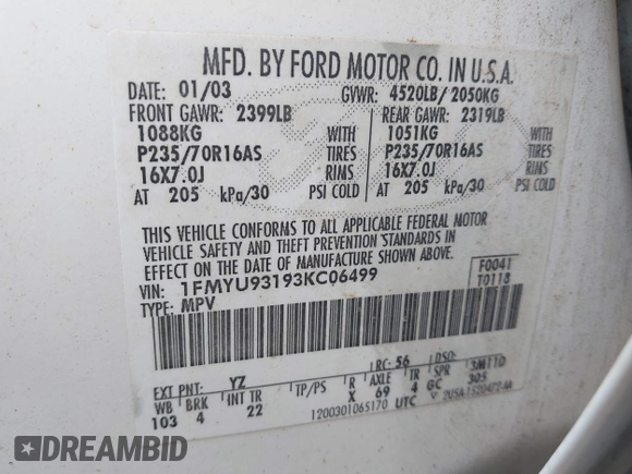 2003 Ford Escape XLT Popular 2 with VIN 1FMYU93193KC06499, listed as a IAAI auction lot 42192640 with 180,095 mi miles and . Bid and sale history available at DreamBid. Image 9.