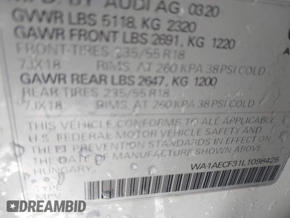 2020 Audi Q3 Premium with VIN WA1AECF31L1098425, listed as a IAAI auction lot 41640806 with 100,462 mi miles and . Bid and sale history available at DreamBid. Image 9.