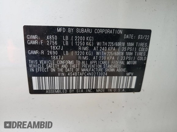 2022 Subaru Outback Touring with VIN 4S4BTAPC4N3213024, listed as a Copart auction lot 59787775 with 40,789 mi miles and Salvage title. Bid and sale history available at DreamBid. Image 13.
