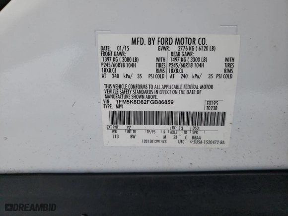 2015 Ford Explorer XLT with VIN 1FM5K8D82FGB86859, listed as a Copart auction lot 38635734 with 0 mi miles and Salvage Title. Bid and sale history available at carsss.com. Image 14.