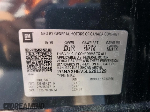 2020 Chevrolet Equinox LS z VIN 2GNAXHEV5L6281329, wystawiony jako Copart lot #54874795 z przebiegiem 63 624 mil mil oraz Szkoda całkowita • Salvage title. Historia ofert i sprzedaży dostępna na DreamBid. Obrazek 13.