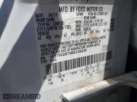 2011 Ford F-250 XL z VIN 1FT7W2BT5BEC52235, wystawiony jako Copart lot #59053095 z przebiegiem 192 806 mil mil oraz Szkoda całkowita • Salvage title. Historia ofert i sprzedaży dostępna na DreamBid. Obrazek 12.