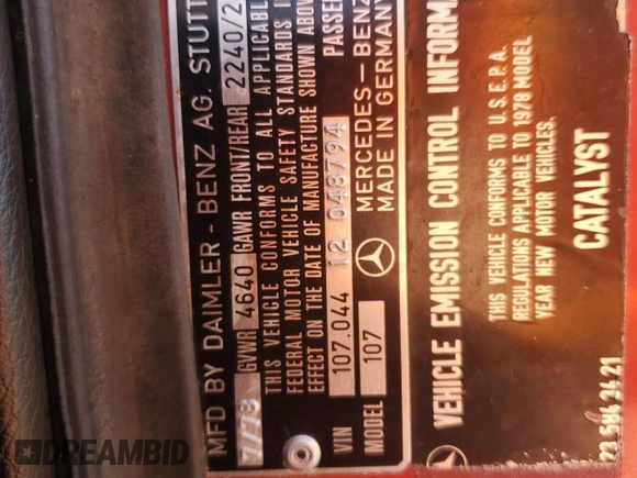 1978 Mercedes-Benz SL с VIN 10704412048794, выставлен на аукционе Copart как лот 57632195 с пробегом 233 537 миль миль и Чистый • Clean title. История ставок и продаж доступна на DreamBid. Изображение 12.