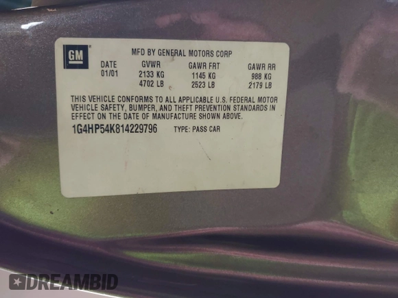 2001 Buick LeSabre Custom with VIN 1G4HP54K814229796, listed as a IAAI auction lot 41827406 with Not Provided miles and . Bid and sale history available at carsss.com. Image 9.