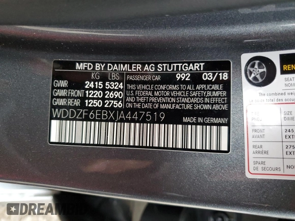 2018 Mercedes-Benz E-Class AMG E 43 with VIN WDDZF6EBXJA447519, listed as a Copart auction lot 86253784 with 45,704 mi miles and Salvage Title. Bid and sale history available at carsss.com. Image 12.