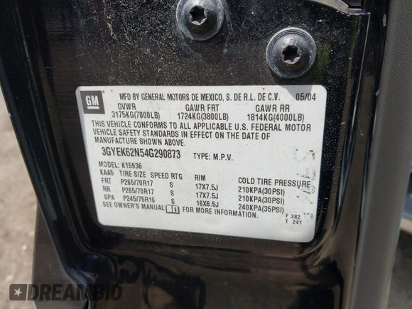 2004 Cadillac Escalade EXT z VIN 3GYEK62N54G290873, wystawiony jako IAAI lot #42411835 z przebiegiem 223 898 mil mil oraz . Historia ofert i sprzedaży dostępna na DreamBid. Obrazek 9.