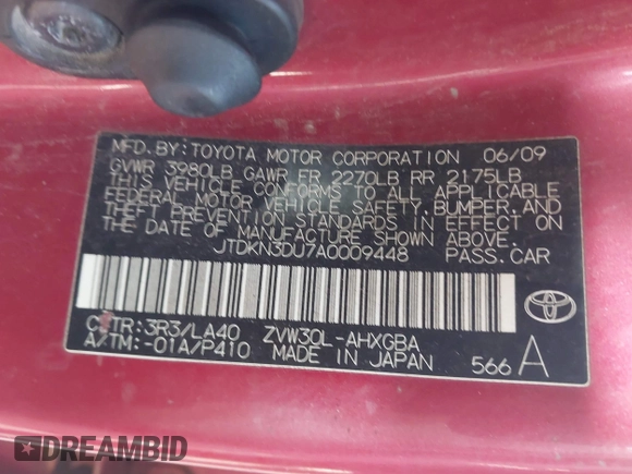 2010 Toyota Prius II with VIN JTDKN3DU7A0009448, listed as a IAAI auction lot 41776459 with 236,063 mi miles and . Bid and sale history available at DreamBid. Image 9.