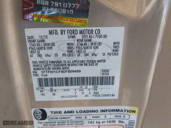 2013 Ford F-150 XL with VIN 1FTFW1CF9DFB09459, listed as a IAAI auction lot 41675067 with 85,090 mi miles. Bid and sale history available at carsss.com. Image 9.