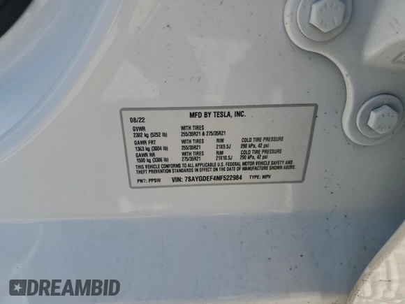 2022 Tesla Model Y Performance с VIN 7SAYGDEF4NF522984, выставлен на аукционе Copart как лот 57803945 с пробегом 37 327 миль миль и Списание • Salvage title. История ставок и продаж доступна на DreamBid. Изображение 12.