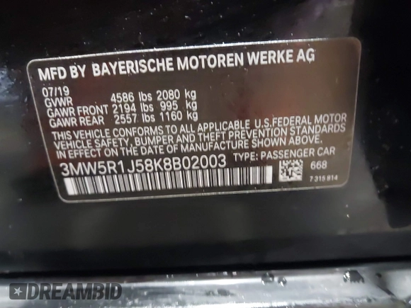 2019 BMW 3 Series 330i z VIN 3MW5R1J58K8B02003, wystawiony jako IAAI lot #41547254 z przebiegiem 85 201 mil mil oraz . Historia ofert i sprzedaży dostępna na DreamBid. Obrazek 9.