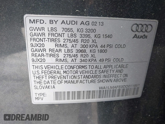 2013 Audi Q7 3.0L TDI Premium Plus with VIN WA1LMAFE0DD011857, listed as a IAAI auction lot 41537175 with 118,604 mi miles. Bid and sale history available at carsss.com. Image 9.