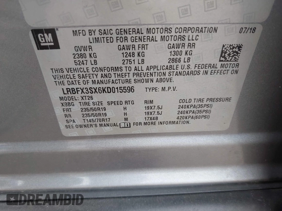 2019 Buick Envision Premium with VIN LRBFX3SX6KD015596, listed as a IAAI auction lot 41925837 with 22,573 mi miles and . Bid and sale history available at DreamBid. Image 9.