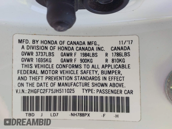 2018 Honda Civic EX with VIN 2HGFC2F75JH511025, listed as a IAAI auction lot 41768733 with 56,707 mi miles and . Bid and sale history available at DreamBid. Image 9.