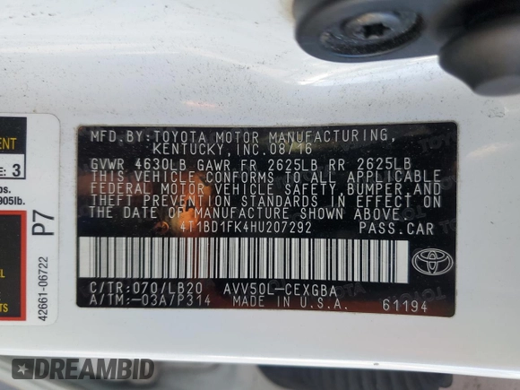 2017 Toyota Camry Hybrid LE with VIN 4T1BD1FK4HU207292, listed as a Copart auction lot 45238735 with 108,858 mi miles and Salvage Title. Bid and sale history available at carsss.com. Image 13.