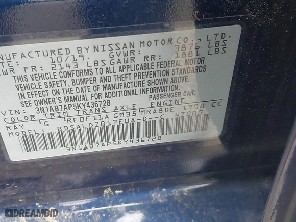 2019 Nissan Sentra S with VIN 3N1AB7AP5KY436728, listed as a IAAI auction lot 41698523 with 93,912 mi miles. Bid and sale history available at carsss.com. Image 9.