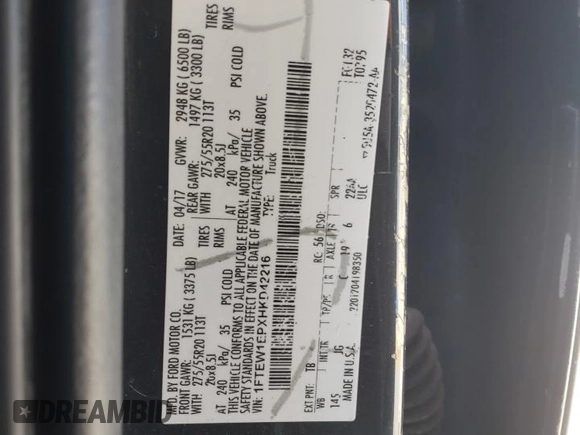 2017 Ford F-150 XL with VIN 1FTEW1EPXHKD42216, listed as a Copart auction lot 49126635 with 84,504 mi miles and Salvage Title. Bid and sale history available at carsss.com. Image 14.