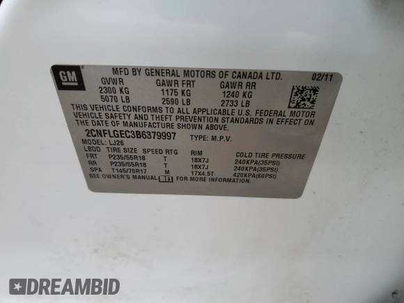 2011 Chevrolet Equinox LTZ with VIN 2CNFLGEC3B6379997, listed as a Copart auction lot 46291455 with 134,911 mi miles and Salvage Title. Bid and sale history available at carsss.com. Image 15.