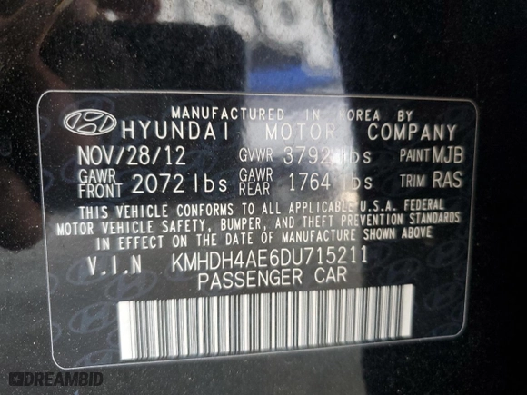 2013 Hyundai Elantra Limited with VIN KMHDH4AE6DU715211, listed as a Copart auction lot 53557905 with 197,823 mi miles and Salvage Title. Bid and sale history available at carsss.com. Image 12.