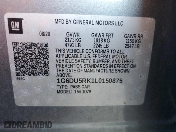 2020 Cadillac CT5 Sport with VIN 1G6DU5RK1L0150875, listed as a Copart auction lot 80959514 with 53,177 mi miles and Non repairable. Bid and sale history available at DreamBid. Image 12.