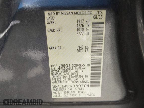 2016 Nissan Altima 2.5 S with VIN 1N4AL3AP0GN389704, listed as a IAAI auction lot 41980365 with 135,682 mi miles. Bid and sale history available at carsss.com. Image 9.