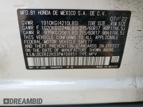 2023 Honda HR-V LX with VIN 3CZRZ2H33PM708851, listed as a Copart auction lot 58376165 with 21,078 mi miles and Salvage title. Bid and sale history available at DreamBid. Image 13.