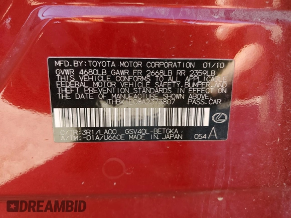 2010 Lexus ES 330 with VIN JTHBK1EG8A2373807, listed as a Copart auction lot 79673444 with 189,023 mi miles and Salvage Title. Bid and sale history available at DreamBid. Image 12.