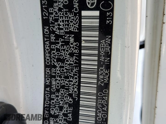 2014 Toyota Prius Four with VIN JTDKN3DU7E1771873, listed as a Copart auction lot 62949605 with Not provided miles and Salvage title. Bid and sale history available at DreamBid. Image 12.