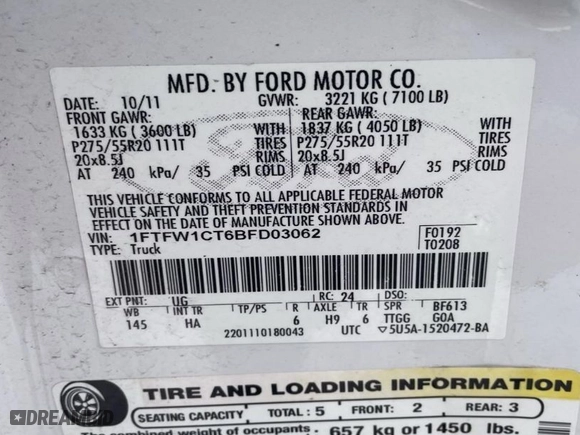 2011 Ford F-150 XLT with VIN 1FTFW1CT6BFD03062, listed as a IAAI auction lot 41614669 with 188,918 mi miles. Bid and sale history available at carsss.com. Image 8.