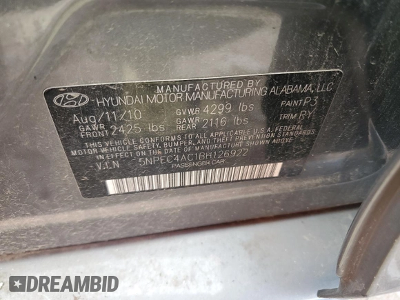 2011 Hyundai Sonata Limited with VIN 5NPEC4AC1BH126922, listed as a Copart auction lot 56028785 with 129,605 mi miles and Salvage Title. Bid and sale history available at DreamBid. Image 12.