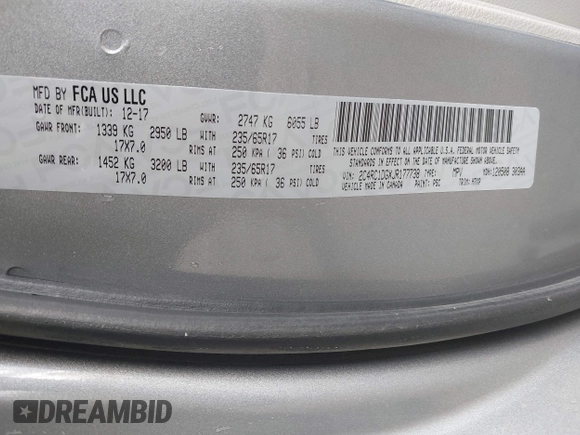2018 Chrysler Pacifica Touring with VIN 2C4RC1DGXJR177738, listed as a IAAI auction lot 41895939 with 194,788 mi miles and . Bid and sale history available at DreamBid. Image 9.