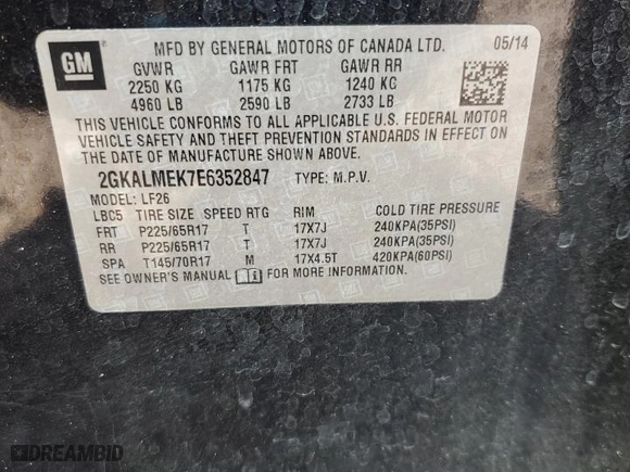 2014 GMC Terrain SLE with VIN 2GKALMEK7E6352847, listed as a Copart auction lot 47767645 with 143,793 mi miles and Salvage Title. Bid and sale history available at carsss.com. Image 13.