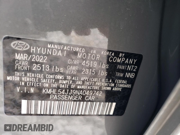 2022 Hyundai Sonata Hybrid Limited with VIN KMHL54JJ9NA049742, listed as a Copart auction lot 44162113 with 7,436 mi miles. Bid and sale history available at carsss.com. Image 12.