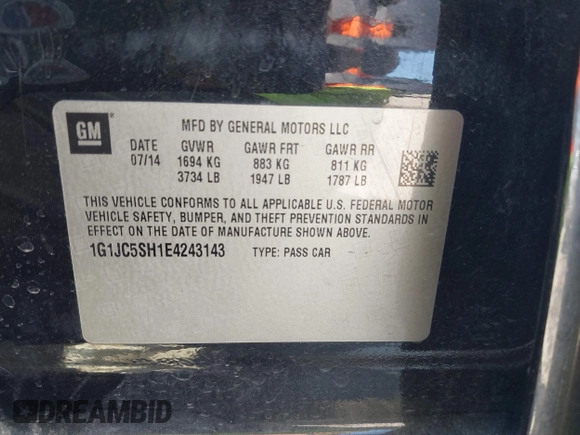 2014 Chevrolet Sonic LT with VIN 1G1JC5SH1E4243143, listed as a IAAI auction lot 41841260 with 170,514 mi miles and . Bid and sale history available at DreamBid. Image 9.
