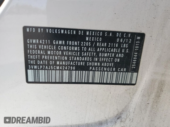 2012 Volkswagen Jetta SEL with VIN 3VWLP7AJ5CM424796, listed as a Copart auction lot 62376005 with 173,505 mi miles and Salvage title. Bid and sale history available at DreamBid. Image 12.