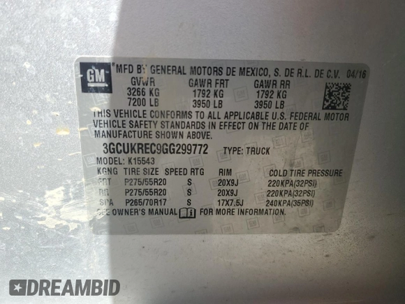 2016 Chevrolet Silverado 1500 LT with VIN 3GCUKREC9GG299772, listed as a Copart auction lot 49220195 with 154,613 mi miles and Salvage Title. Bid and sale history available at DreamBid. Image 12.