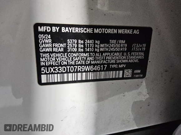 2024 BMW X4 xDrive30i с VIN 5UX33DT07R9W64617, выставлен на аукционе Copart как лот 58201195 с пробегом 32 485 миль миль и Чистый • Clean title. История ставок и продаж доступна на DreamBid. Изображение 13.