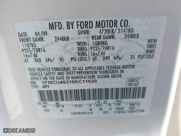 2009 Ford Escape Hybrid with VIN 1FMCU49319KC11629, listed as a IAAI auction lot 41426705 with 191,135 mi miles. Bid and sale history available at carsss.com. Image 9.