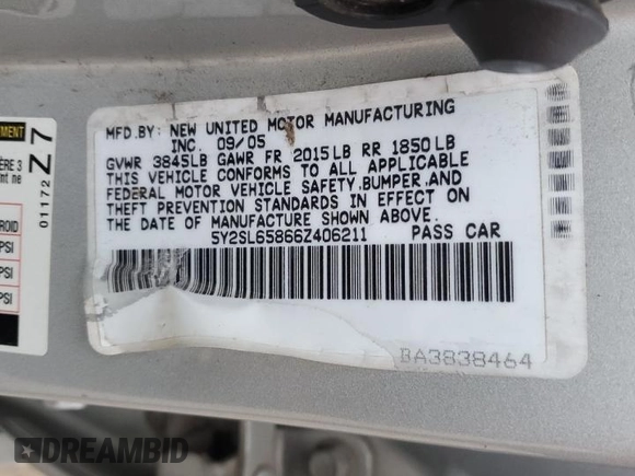 2006 Pontiac Vibe z VIN 5Y2SL65866Z406211, wystawiony jako Copart lot #85122544 z przebiegiem 151 982 mil mil oraz Nie do naprawy • Non repairable. Historia ofert i sprzedaży dostępna na DreamBid. Obrazek 12.