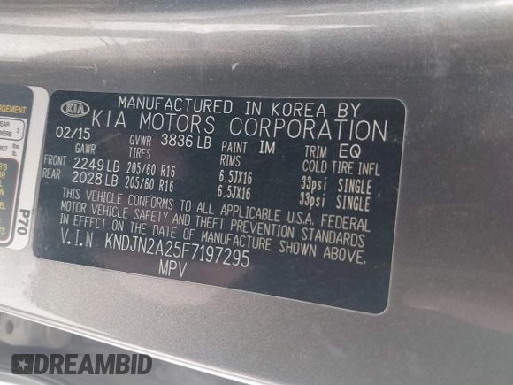 2015 Kia Soul with VIN KNDJN2A25F7197295, listed as a IAAI auction lot 42012355 with 138,999 mi miles and . Bid and sale history available at DreamBid. Image 9.