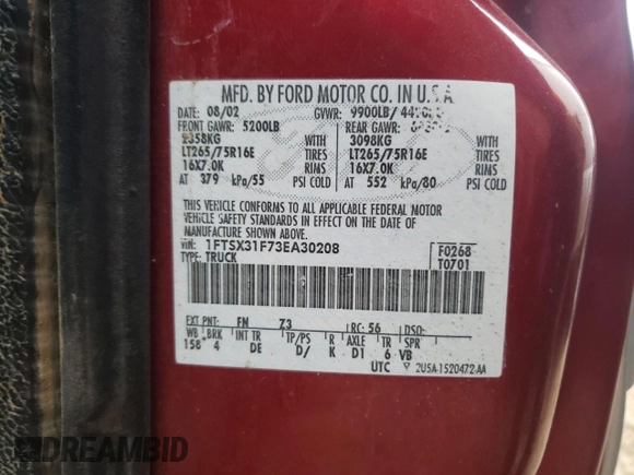 2003 Ford F-350 XL with VIN 1FTSX31F73EA30208, listed as a Copart auction lot 81254054 with 315,917 mi miles and Salvage Title. Bid and sale history available at DreamBid. Image 12.