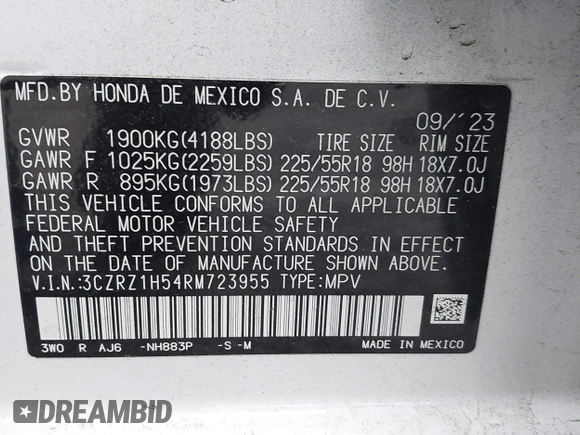 2024 Honda HR-V Sport with VIN 3CZRZ1H54RM723955, listed as a IAAI auction lot 41187891 with 14,708 mi miles. Bid and sale history available at carsss.com. Image 9.