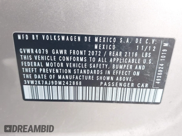 2013 Volkswagen Jetta S с VIN 3VW2K7AJ9DM242868, выставлен на аукционе IAAI как лот 41473000 с пробегом 133 697 миль миль и . История ставок и продаж доступна на DreamBid. Изображение 9.