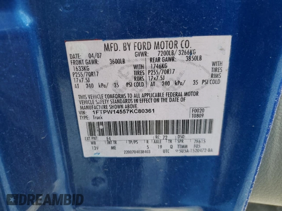 2007 Ford F-150 XLT with VIN 1FTPW14557KC80361, listed as a Copart auction lot 61991595 with 258,919 mi miles and Clean title. Bid and sale history available at DreamBid. Image 12.