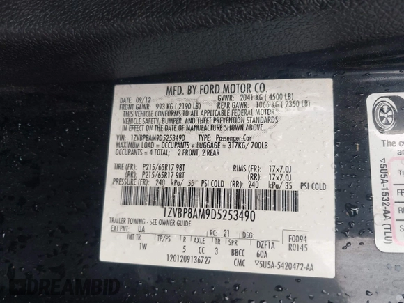 2013 Ford Mustang V6 with VIN 1ZVBP8AM9D5253490, listed as a IAAI auction lot 41856886 with 236,348 mi miles and . Bid and sale history available at DreamBid. Image 9.