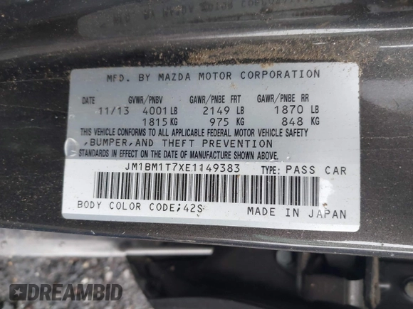 2014 Mazda 3 i SV with VIN JM1BM1T7XE1149383, listed as a IAAI auction lot 41236518 with Not Provided miles and . Bid and sale history available at DreamBid. Image 9.