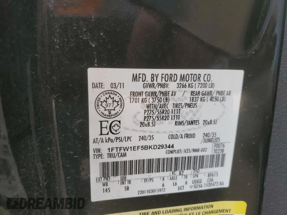 2011 Ford F-150 XL with VIN 1FTFW1EF5BKD29344, listed as a Copart auction lot 50380205 with 117,289 mi miles and Salvage Title. Bid and sale history available at DreamBid. Image 14.
