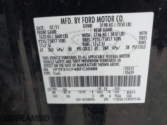 2011 Ford F-150 XL with VIN 1FTFX1CF4BFC30989, listed as a IAAI auction lot 42750518 with Not provided miles and . Bid and sale history available at DreamBid. Image 9.
